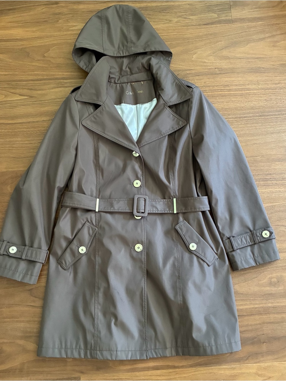 Calvin Klein Hooded Tan Trench Coat with Belt
